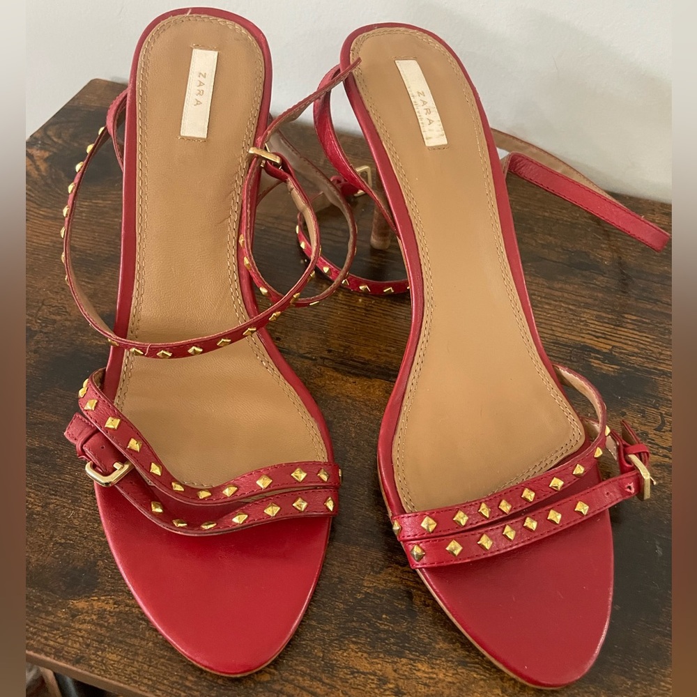 Zara Red Heeled Sandals with Gold Studs